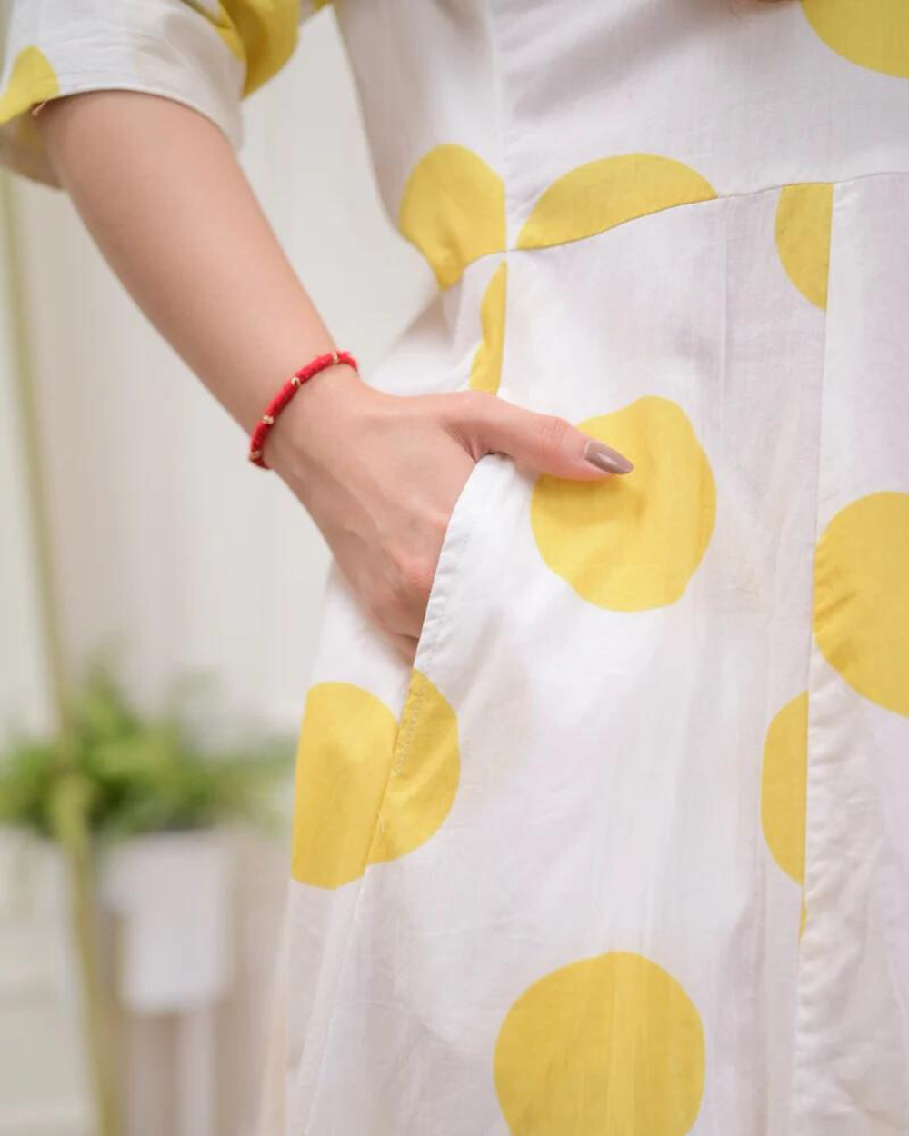 Yellow Polka Dots Cotton A Line Dress