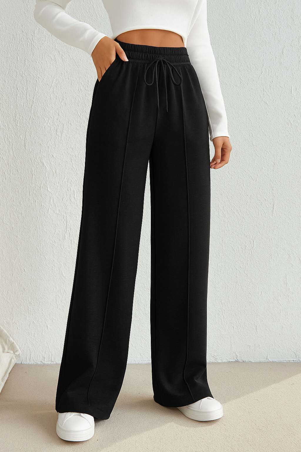 High-Waist Seam Front Wide-Leg Lounge Pants