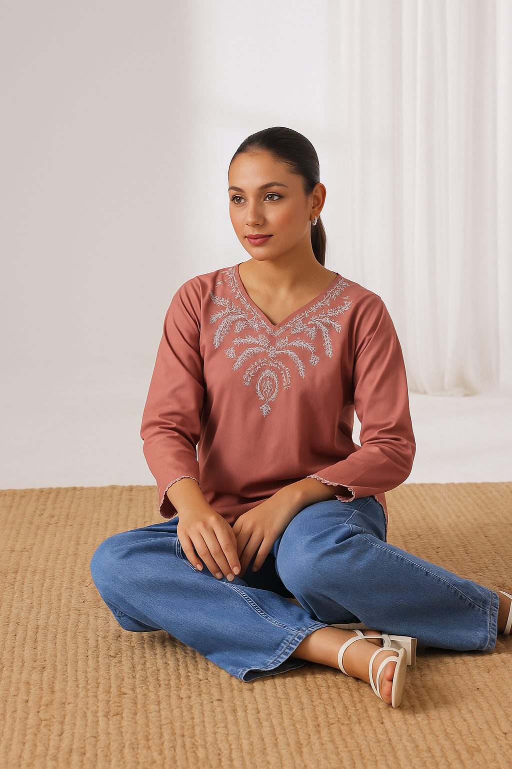 Sierra - Embroidered Short Kurti - Peach