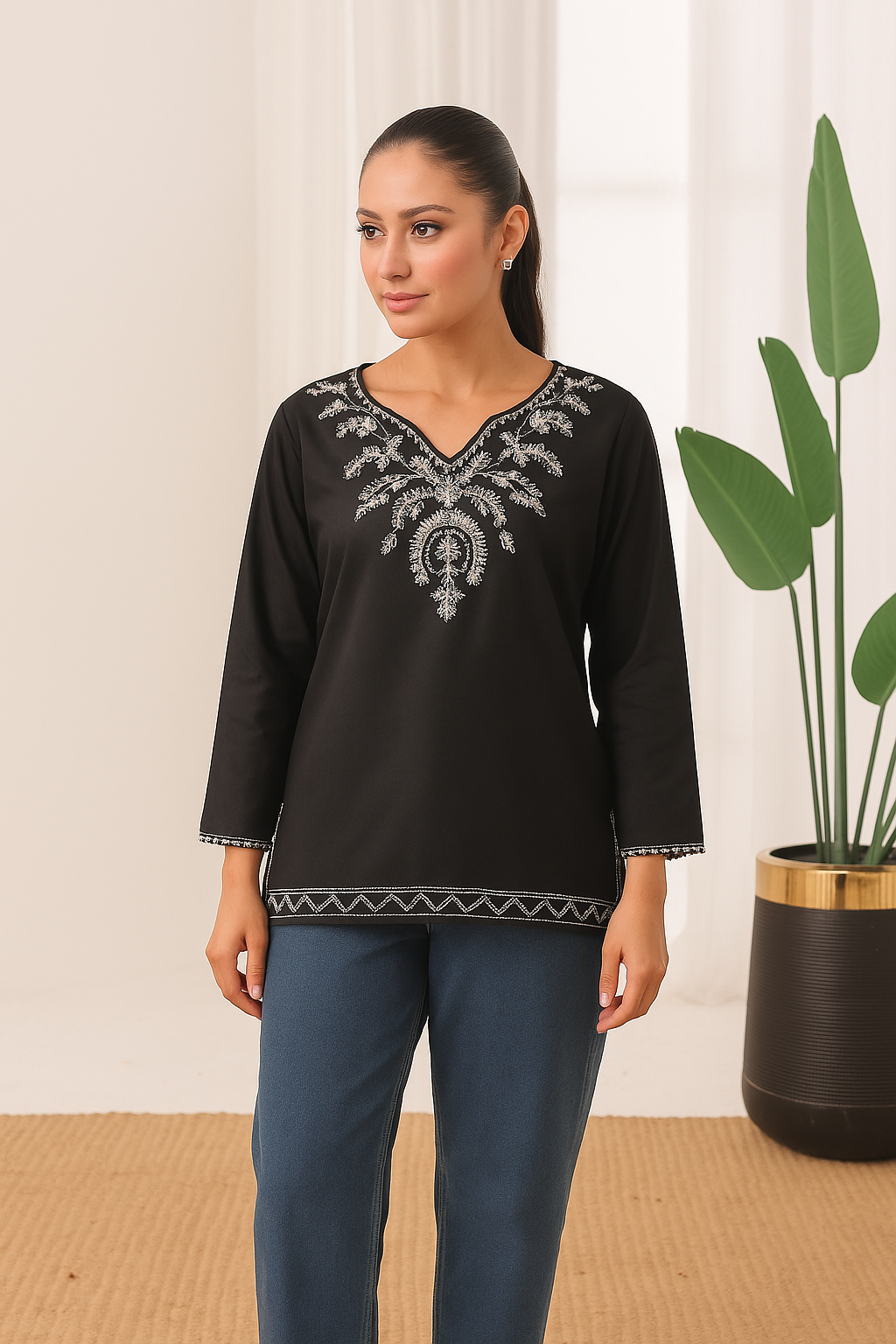 Sierra - Embroidered Short Kurti - Black