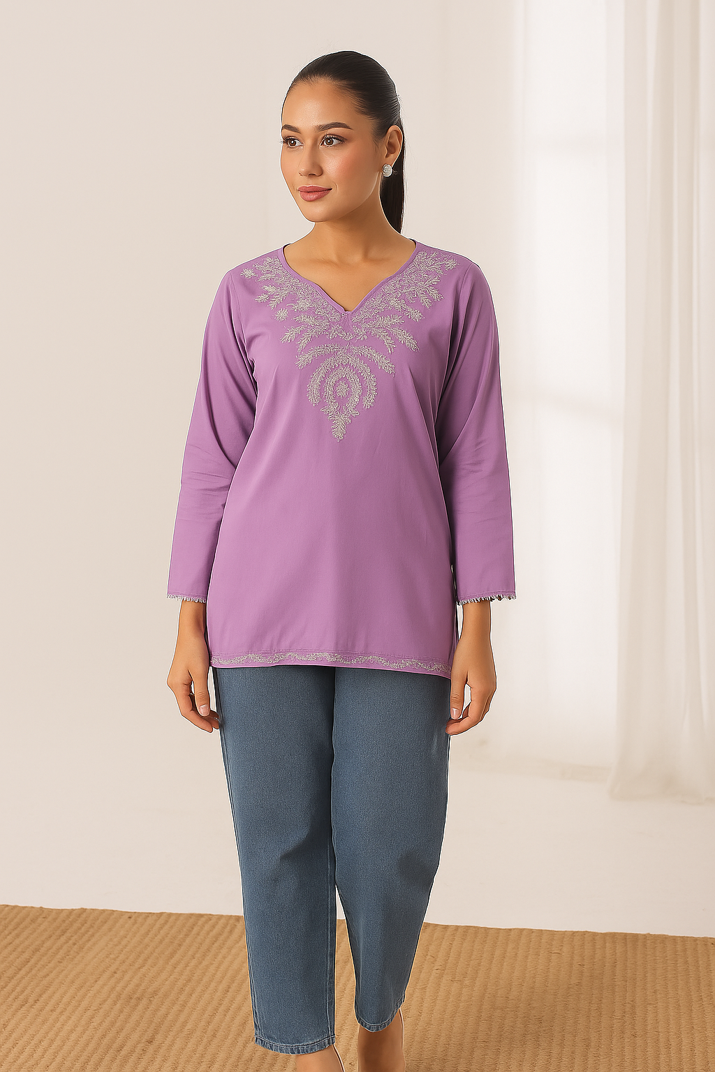 Sierra - Embroidered Short Kurti - Lavender
