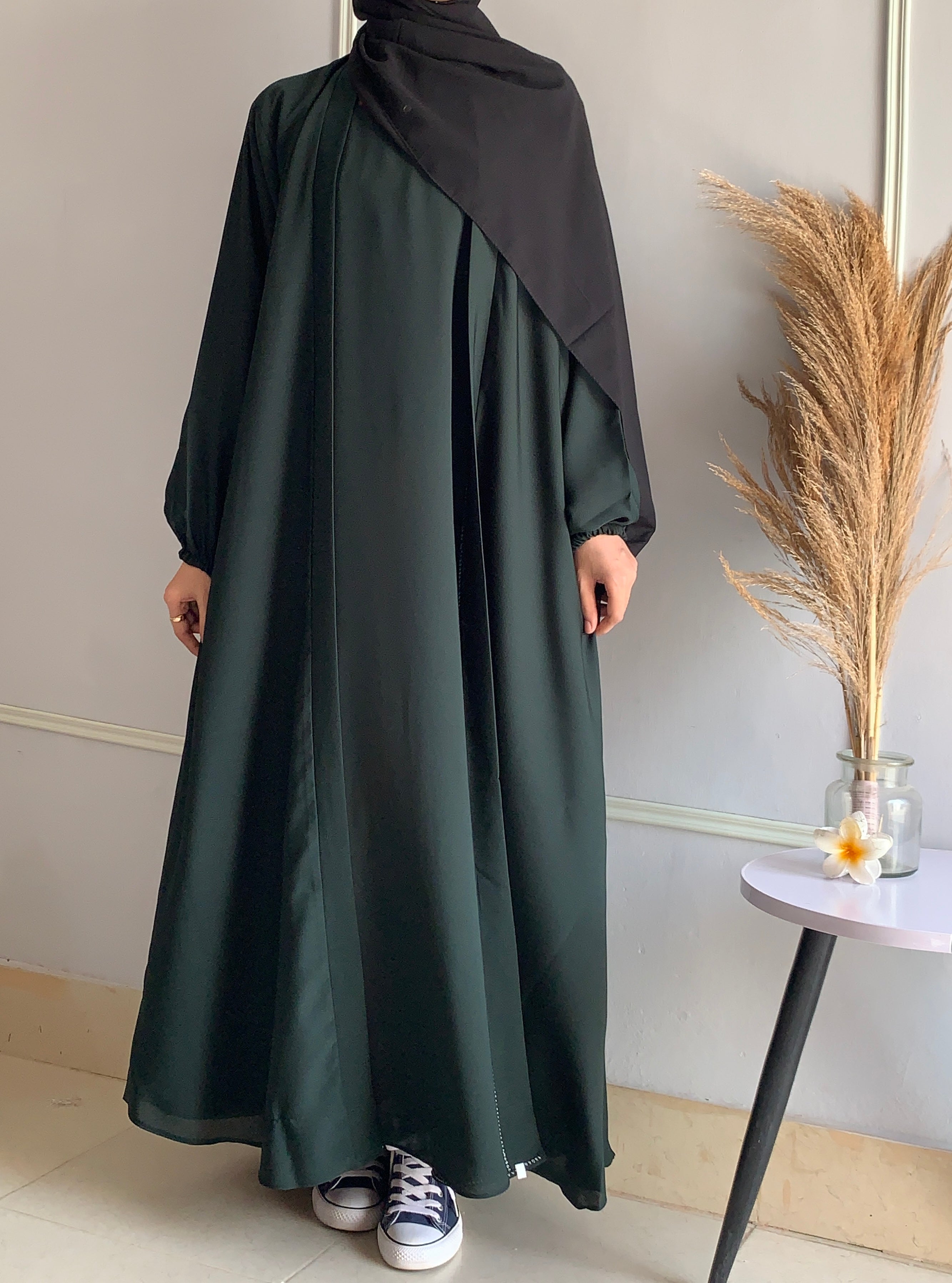 Aira - Kimono Abaya with attached inner - Deep Green