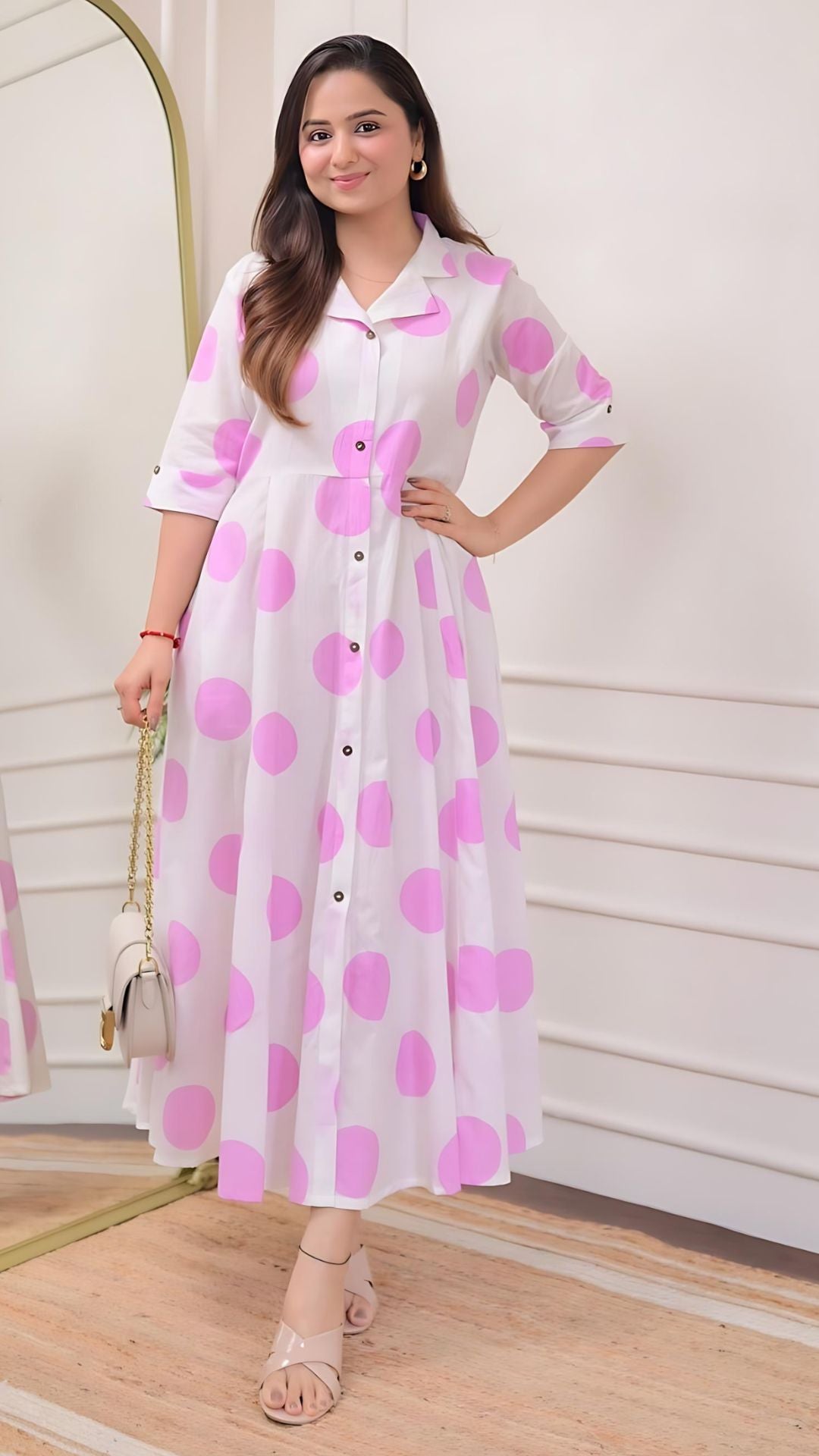 Pink Polka Dots Cotton A Line Dress