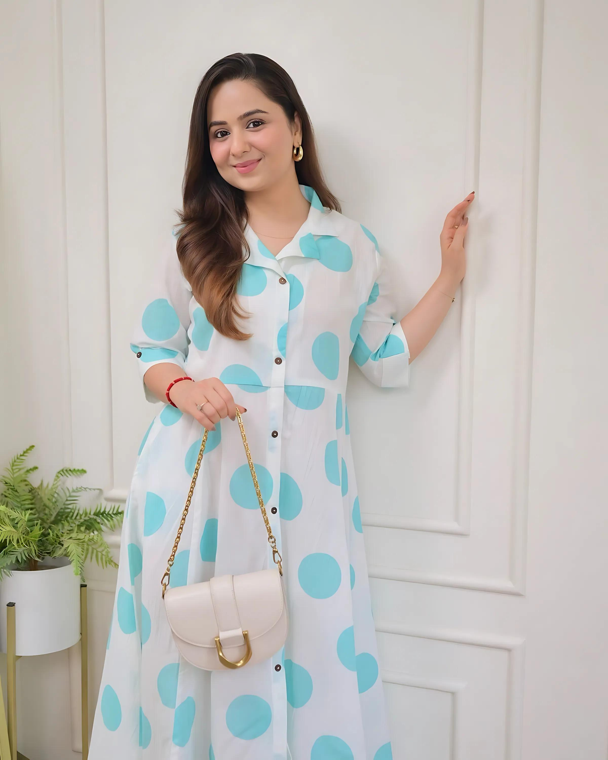 Blue Polka Dots Cotton A Line Dress