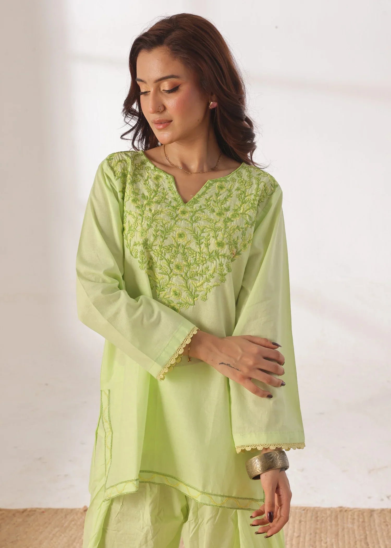 Grace - Embroidered Kurti Shalwar Set - Lime