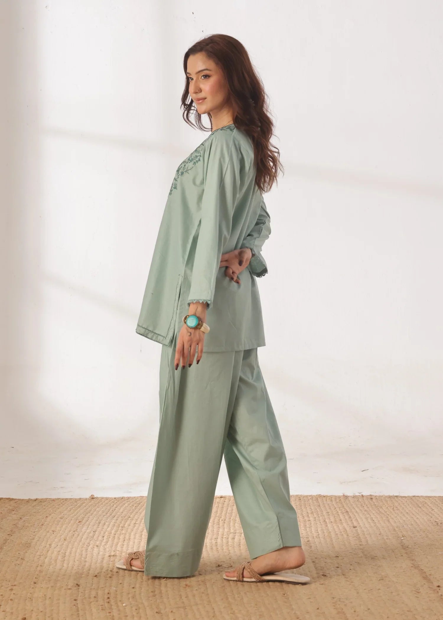 Grace - Embroidered Kurti Shalwar Set - Pastel Green