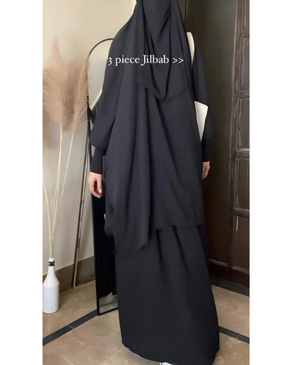 3 Piece Jilbab Set (Jilbab + Skirt + Khimar) - Black