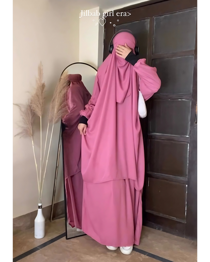 3 Piece Jilbab Set (Jilbab + Skirt + Khimar) - Pink Rose