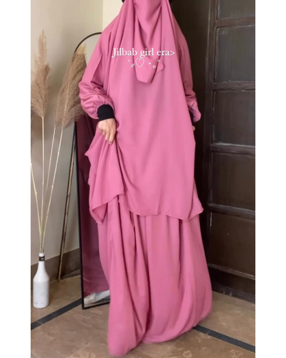3 Piece Jilbab Set (Jilbab + Skirt + Khimar) - Pink Rose