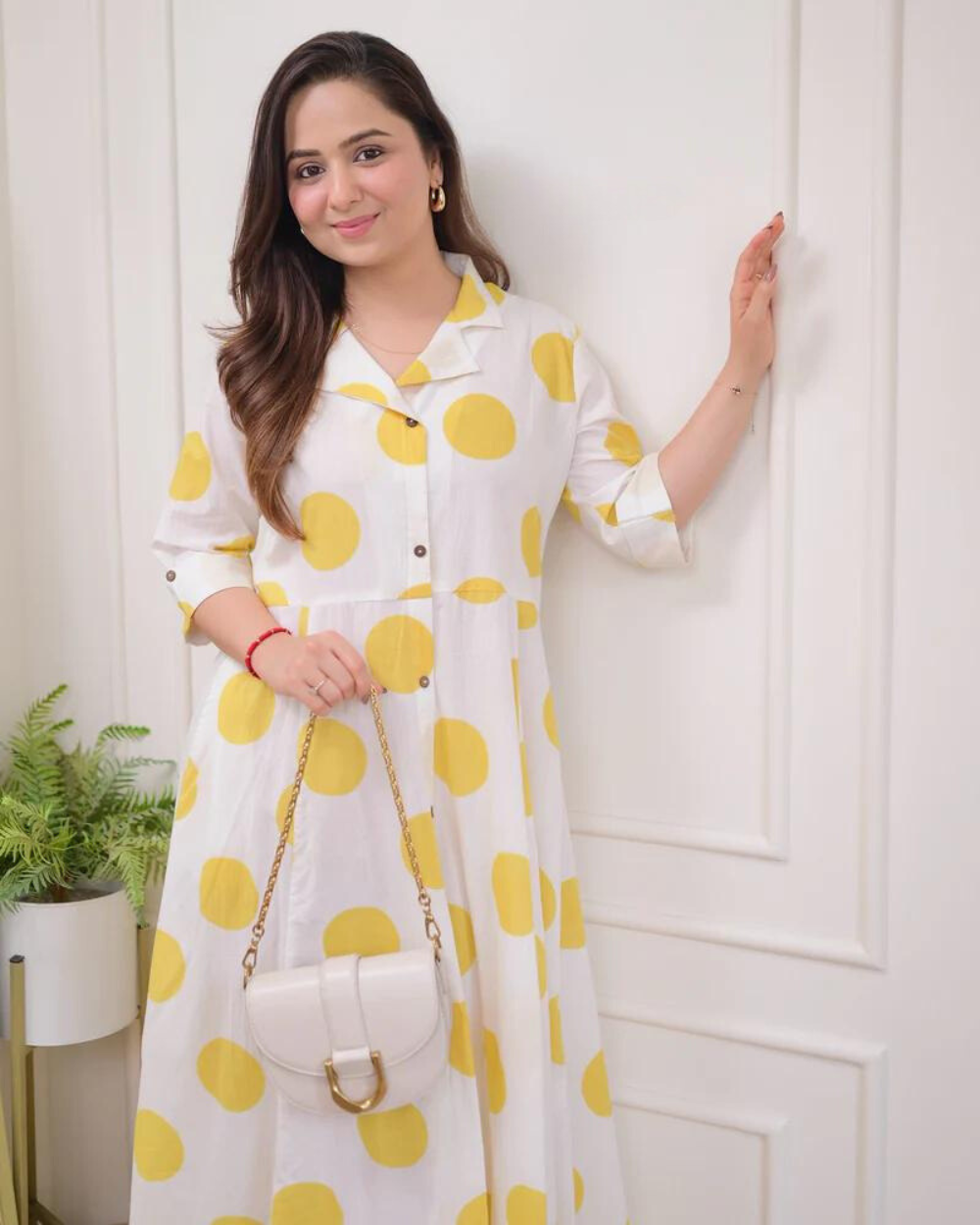 Yellow Polka Dots Cotton A Line Dress