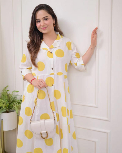 Yellow Polka Dots Cotton A Line Dress