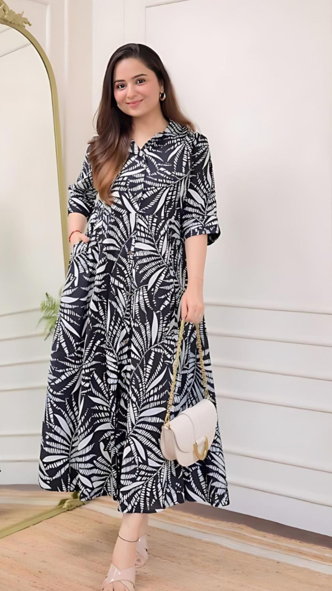 Black White Leaf Cotton A Line Dress