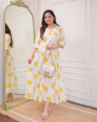 Yellow Polka Dots Cotton A Line Dress