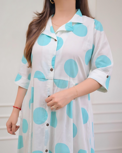 Blue Polka Dots Cotton A Line Dress