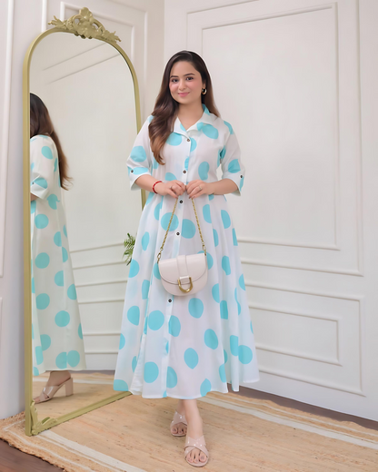 Blue Polka Dots Cotton A Line Dress
