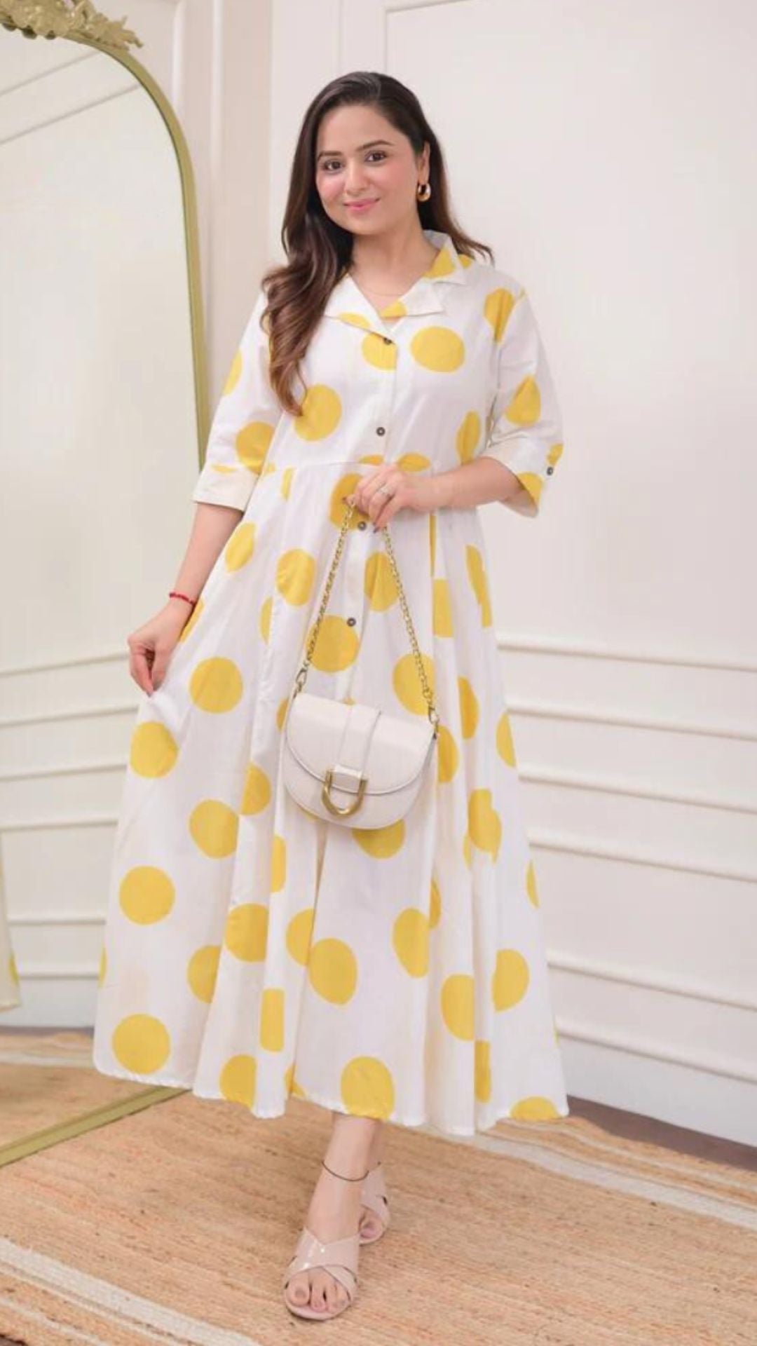 Yellow Polka Dots Cotton A Line Dress