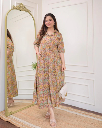 Multi Color Floral Cotton A Line Dress
