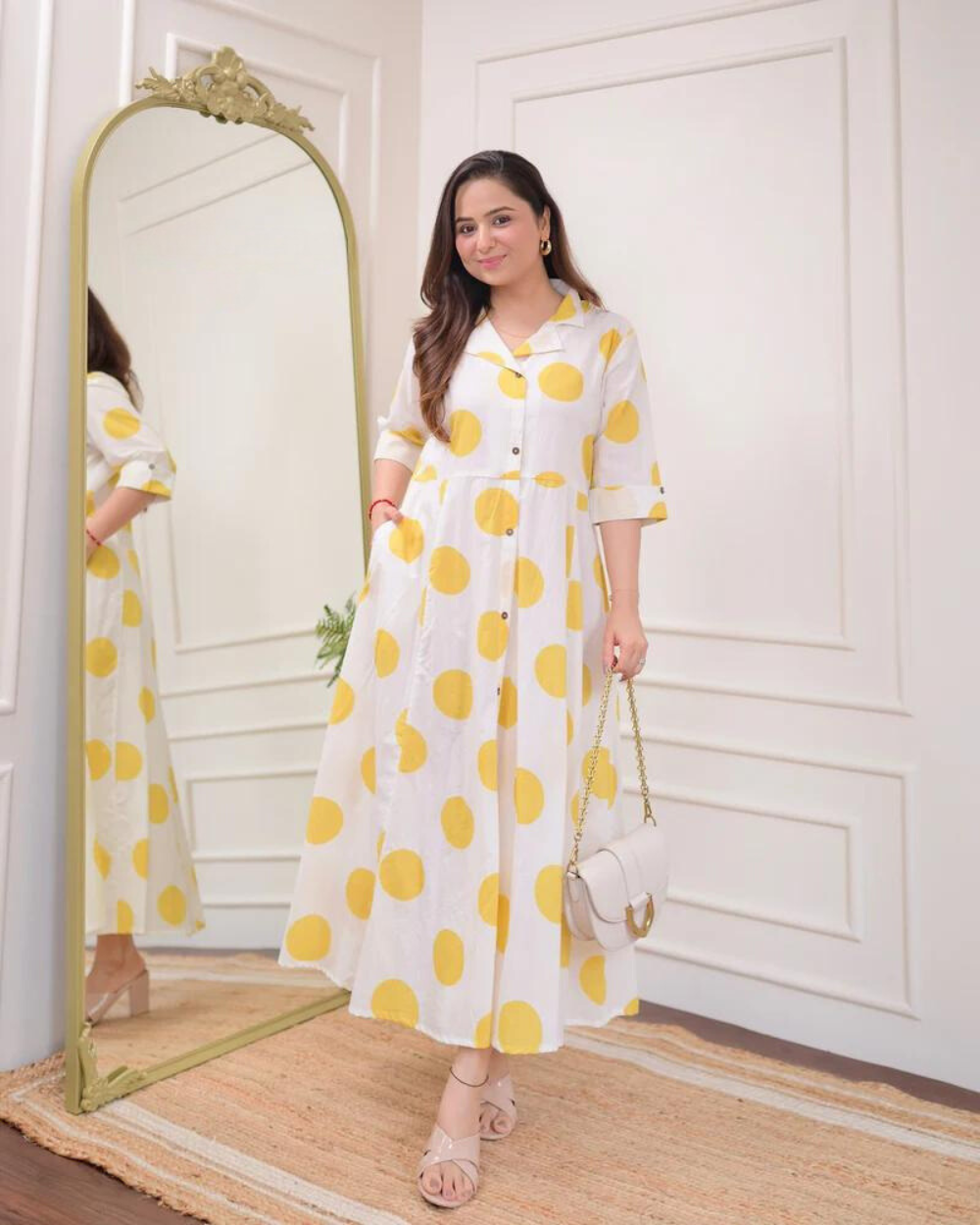 Yellow Polka Dots Cotton A Line Dress
