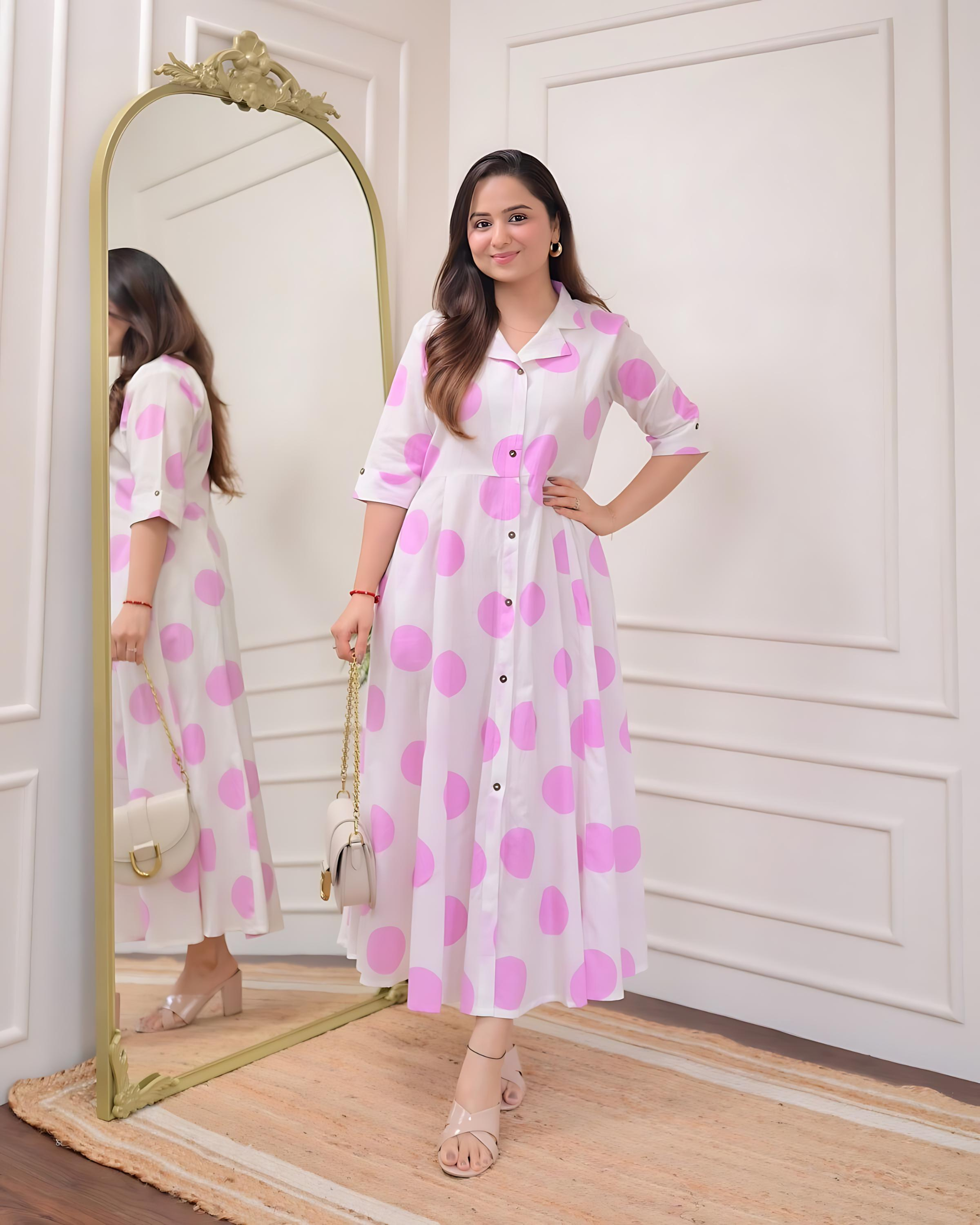 Pink Polka Dots Cotton A Line Dress