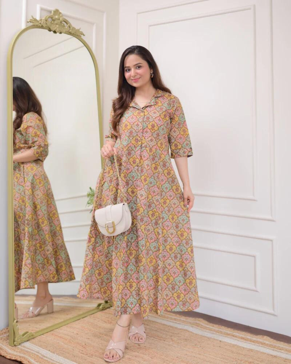 Multi Color Floral Cotton A Line Dress