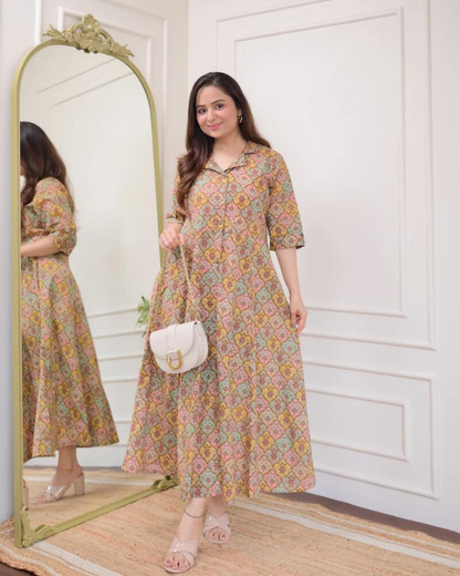 Multi Color Floral Cotton A Line Dress