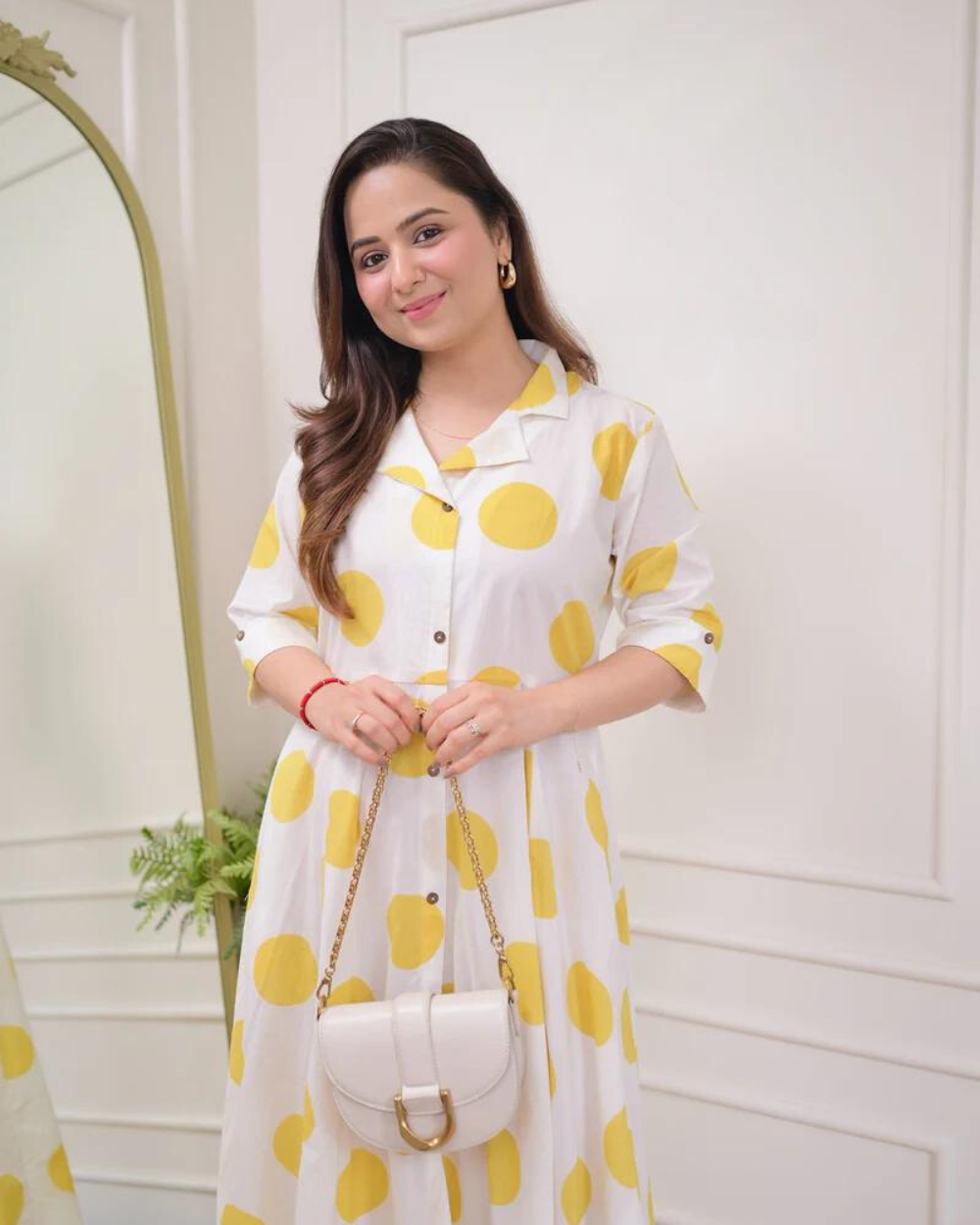 Yellow Polka Dots Cotton A Line Dress