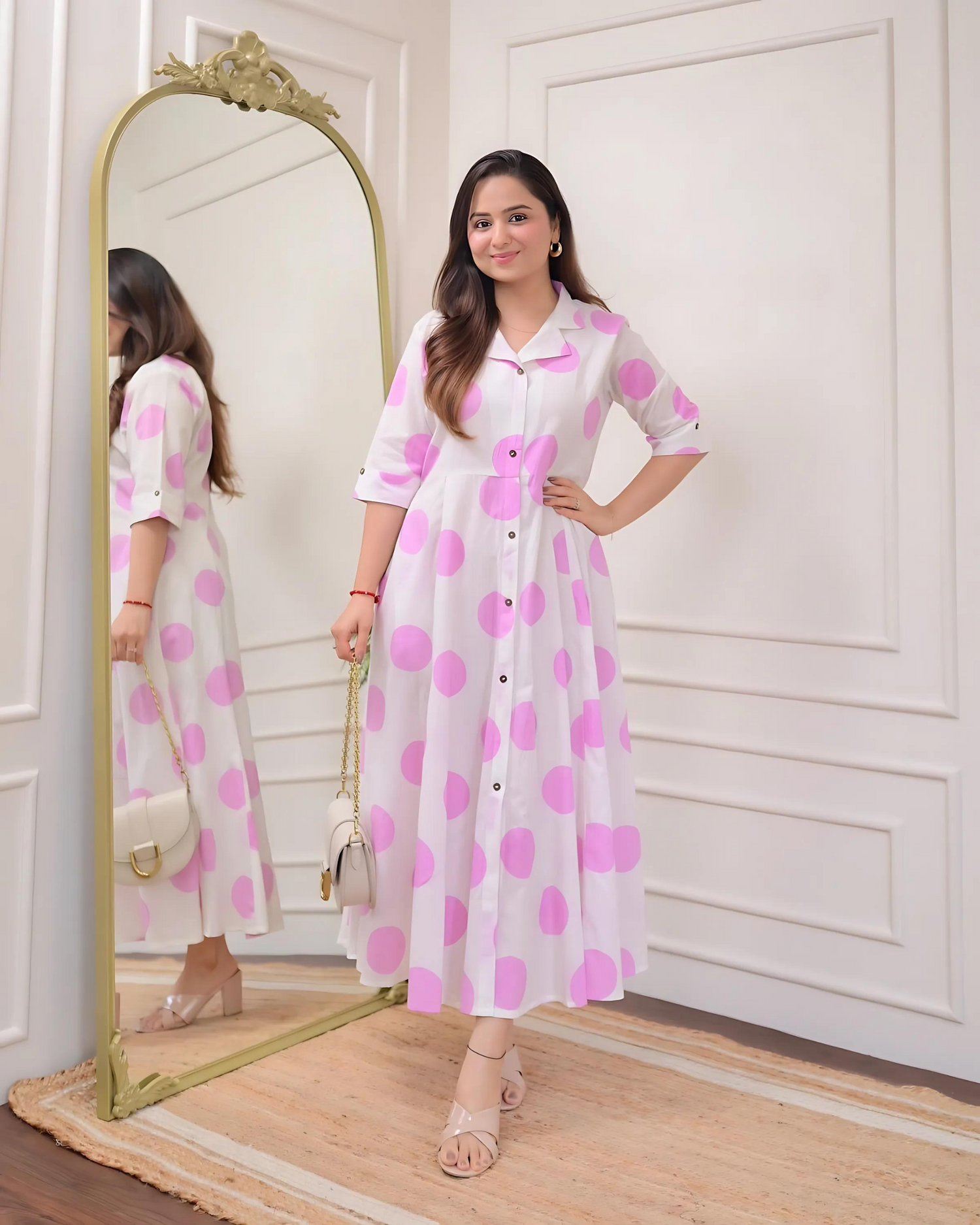 Pink Polka Dots Cotton A Line Dress
