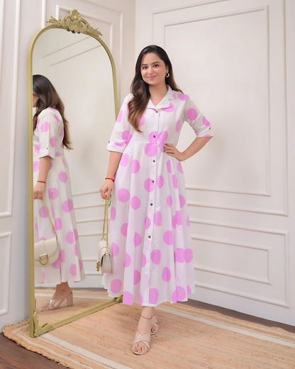 Pink Polka Dots Cotton A Line Dress
