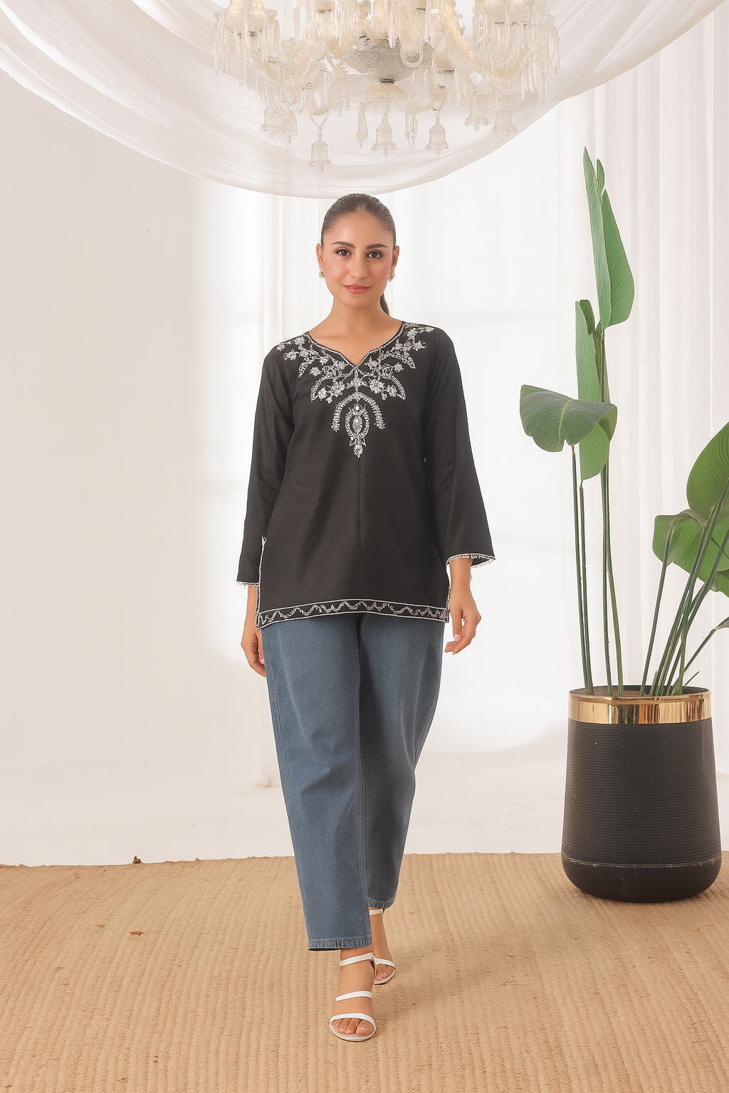 Sierra - Embroidered Short Kurti - Black