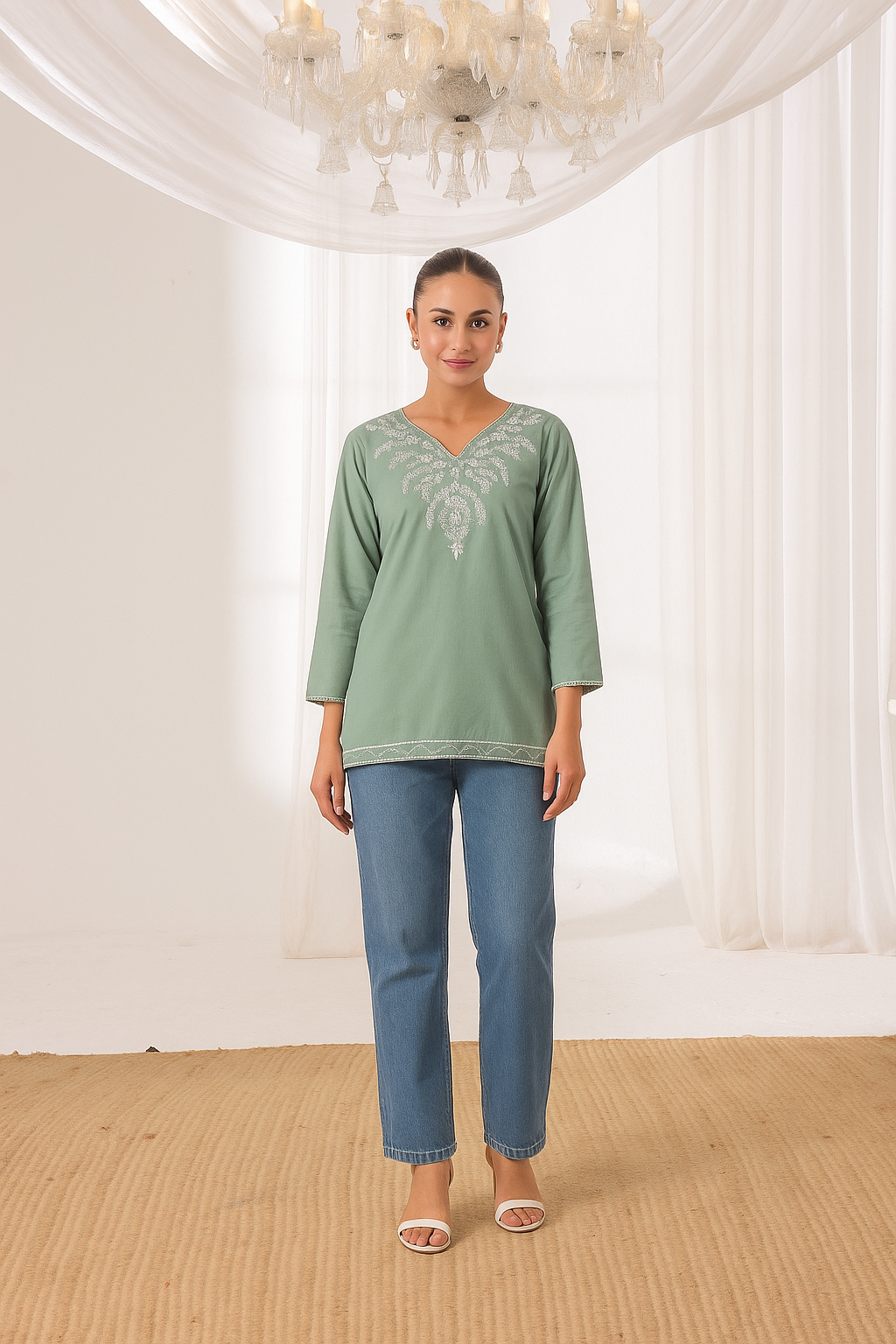 Sierra - Embroidered Short Kurti - Sage