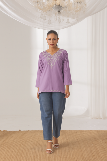 Sierra - Embroidered Short Kurti - Lavender