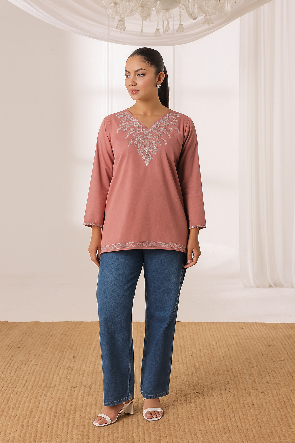 Sierra - Embroidered Short Kurti - Peach