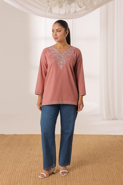 Sierra - Embroidered Short Kurti - Peach
