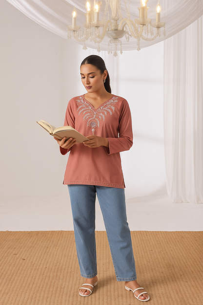 Sierra - Embroidered Short Kurti - Peach