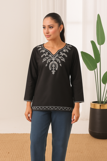 Sierra - Embroidered Short Kurti - Black