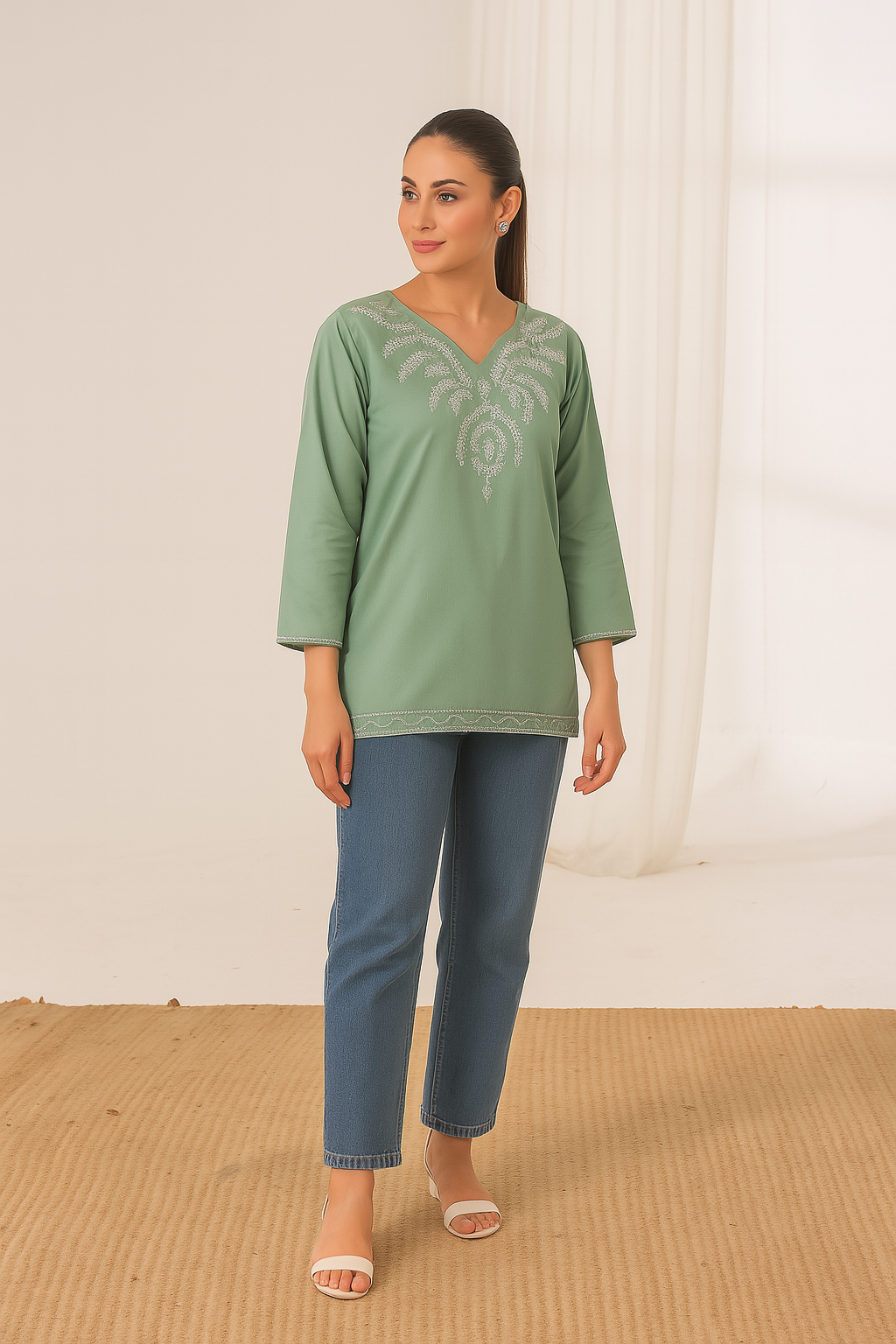 Sierra - Embroidered Short Kurti - Sage