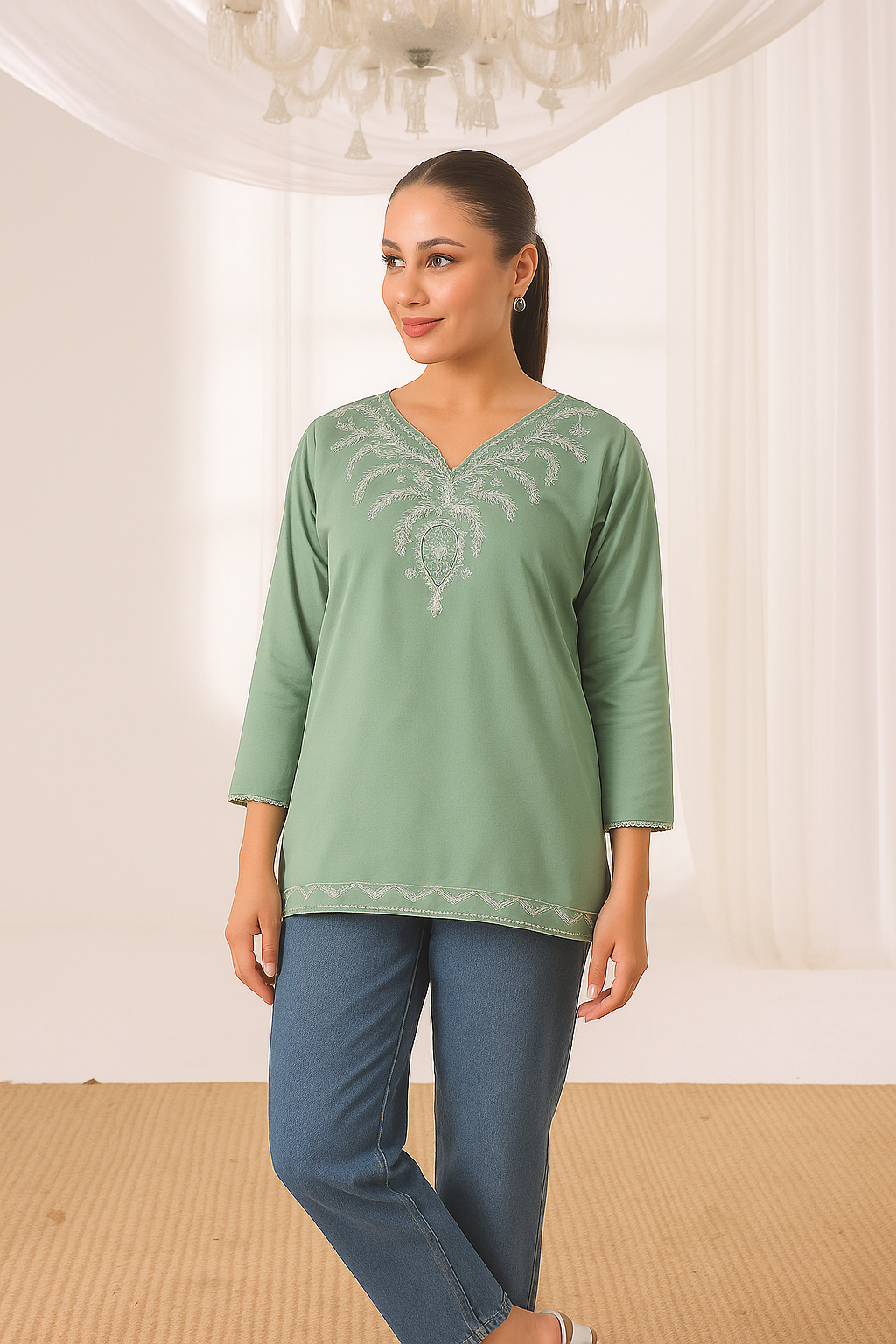 Sierra - Embroidered Short Kurti - Sage