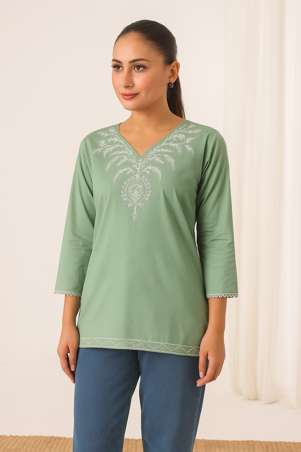 Sierra - Embroidered Short Kurti - Sage
