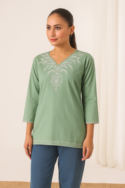 Sierra - Embroidered Short Kurti - Sage