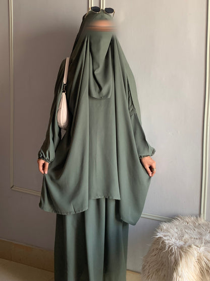 3 Piece Jilbab Set (Jilbab + Skirt + Khimar) - SAGE GREEN