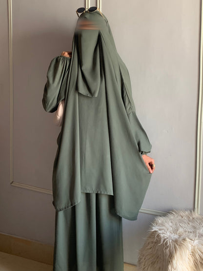 3 Piece Jilbab Set (Jilbab + Skirt + Khimar) - SAGE GREEN