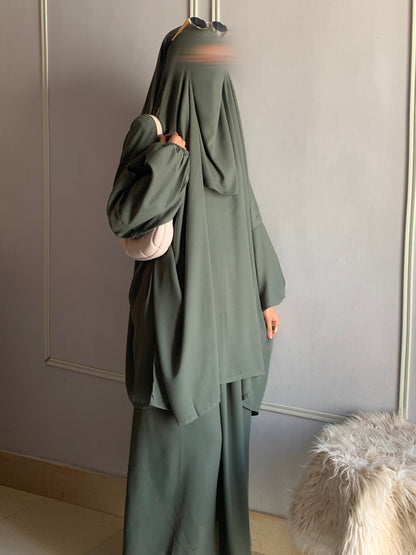 3 Piece Jilbab Set (Jilbab + Skirt + Khimar) - SAGE GREEN