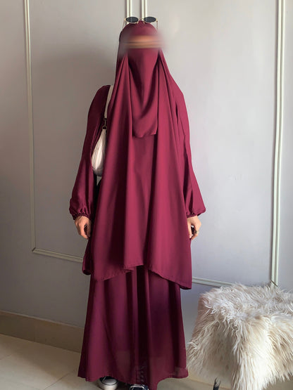 3 Piece Jilbab Set (Jilbab + Skirt + Khimar) - CHERRY