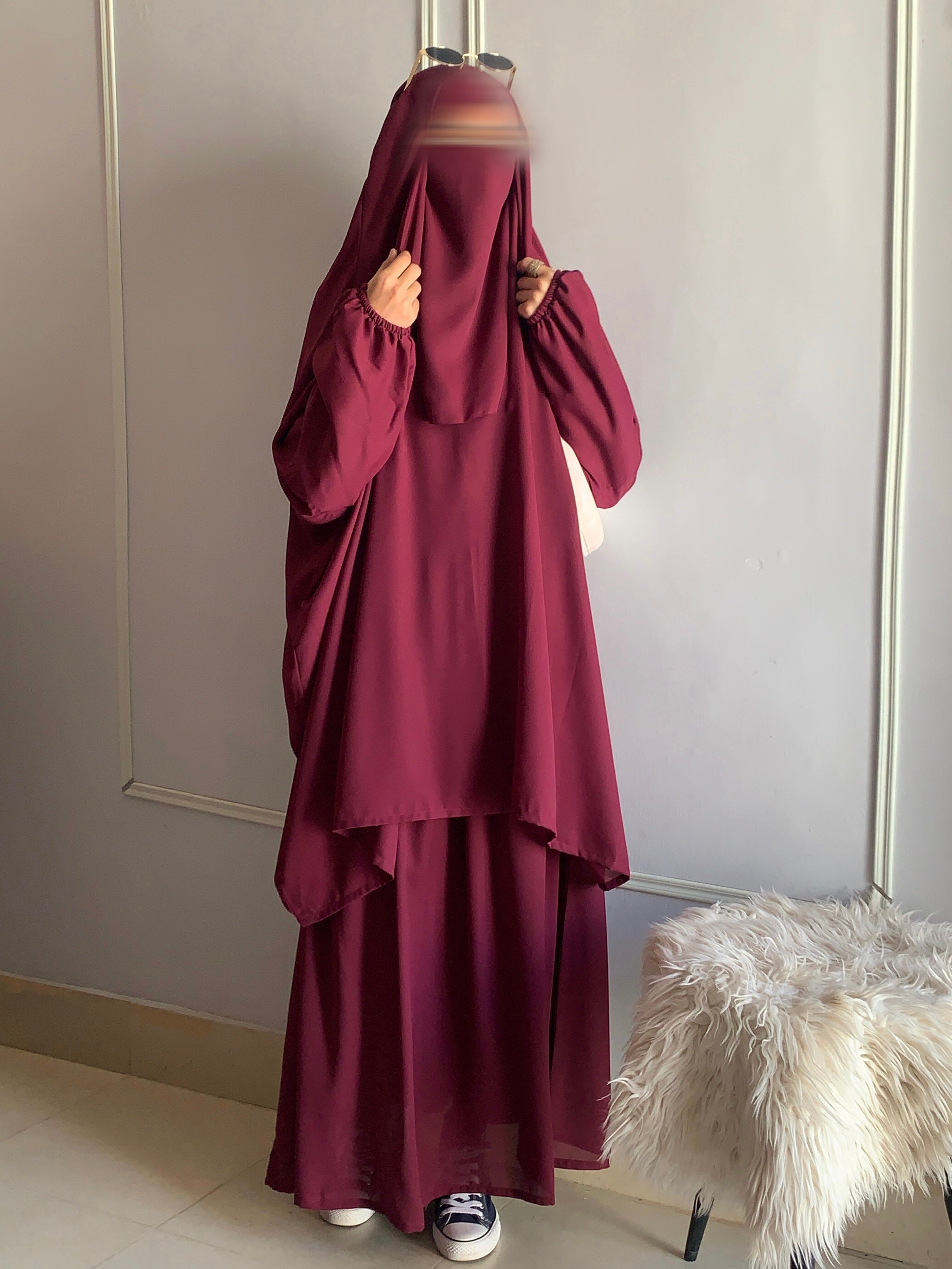3 Piece Jilbab Set (Jilbab + Skirt + Khimar) - CHERRY