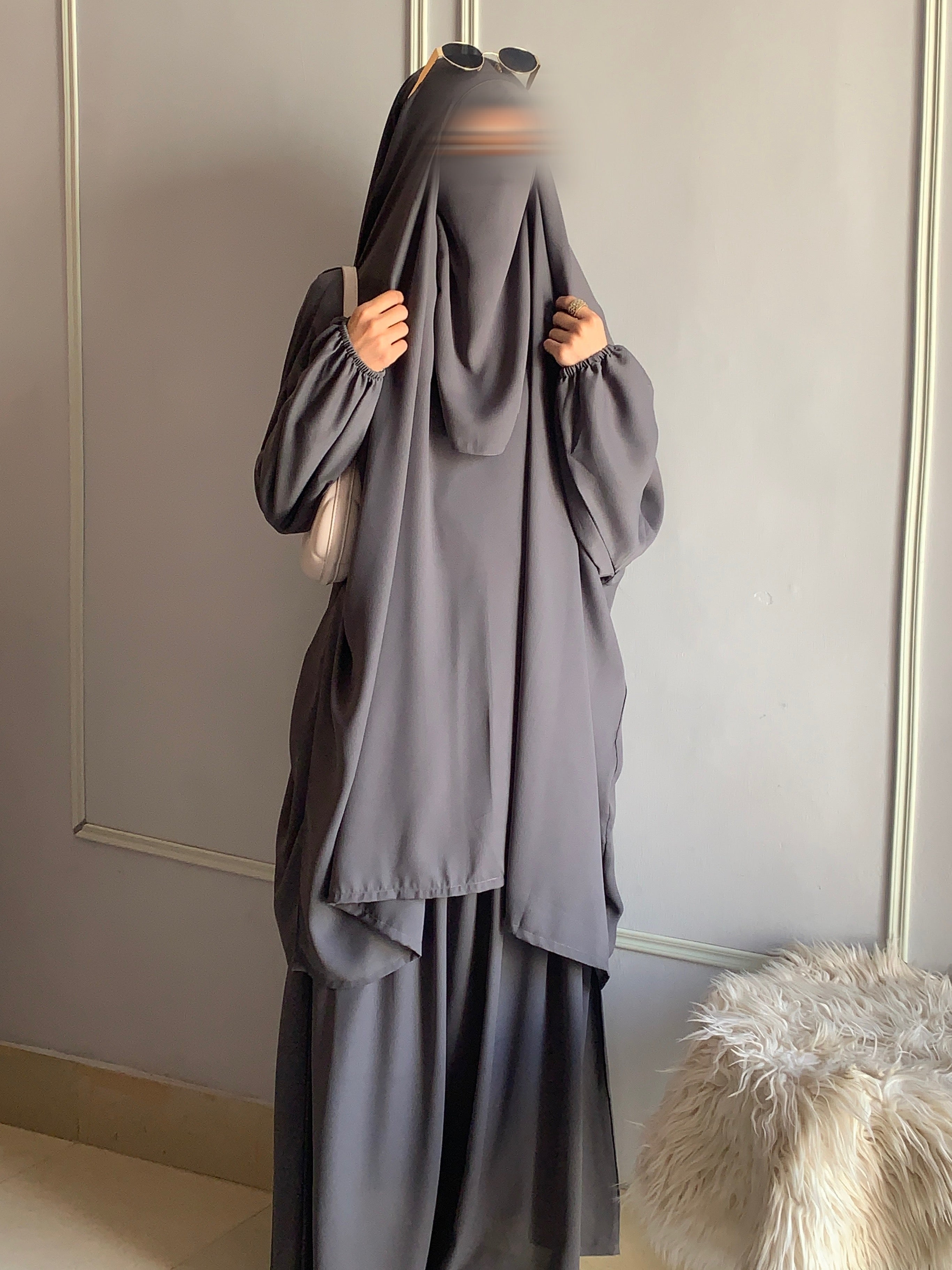 3 Piece Jilbab Set (Jilbab + Skirt + Khimar) - GREY