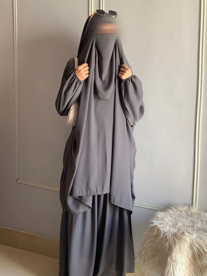 3 Piece Jilbab Set (Jilbab + Skirt + Khimar) - GREY