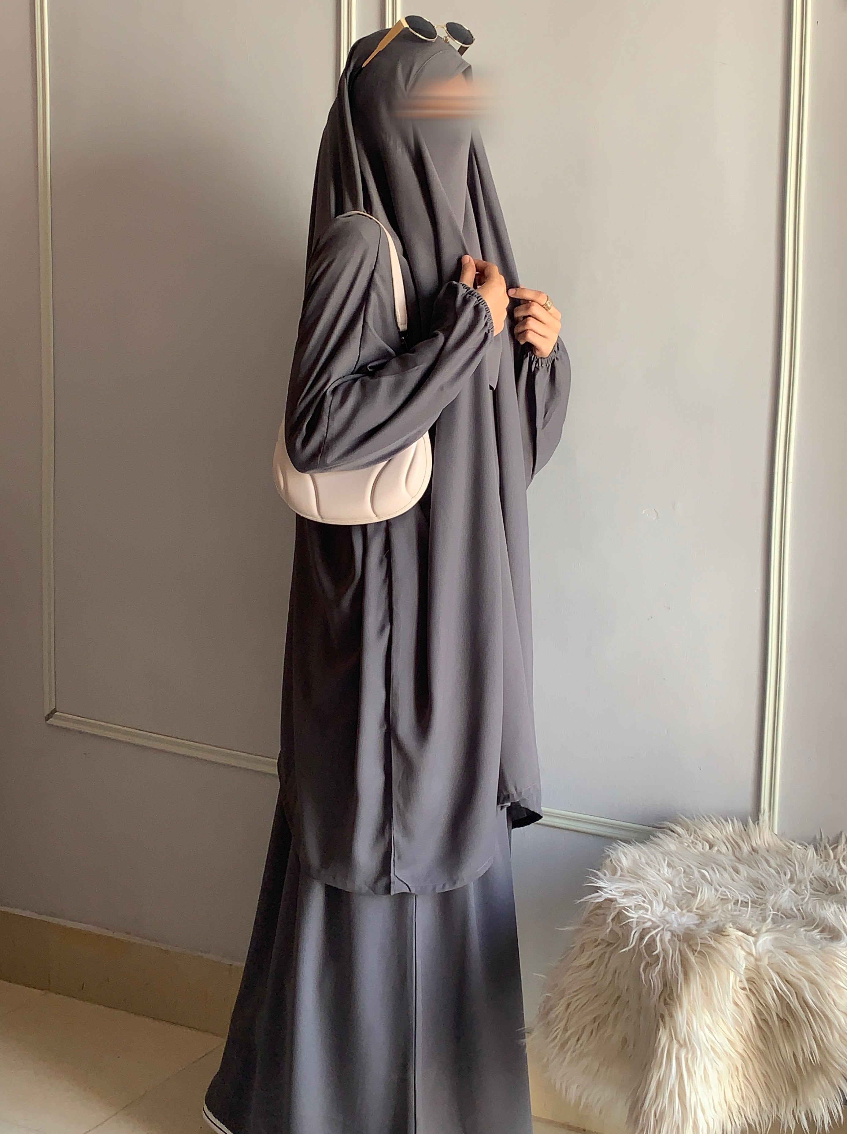 3 Piece Jilbab Set (Jilbab + Skirt + Khimar) - GREY