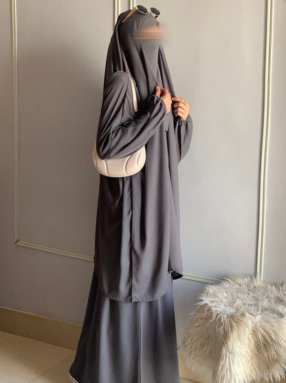 3 Piece Jilbab Set (Jilbab + Skirt + Khimar) - GREY
