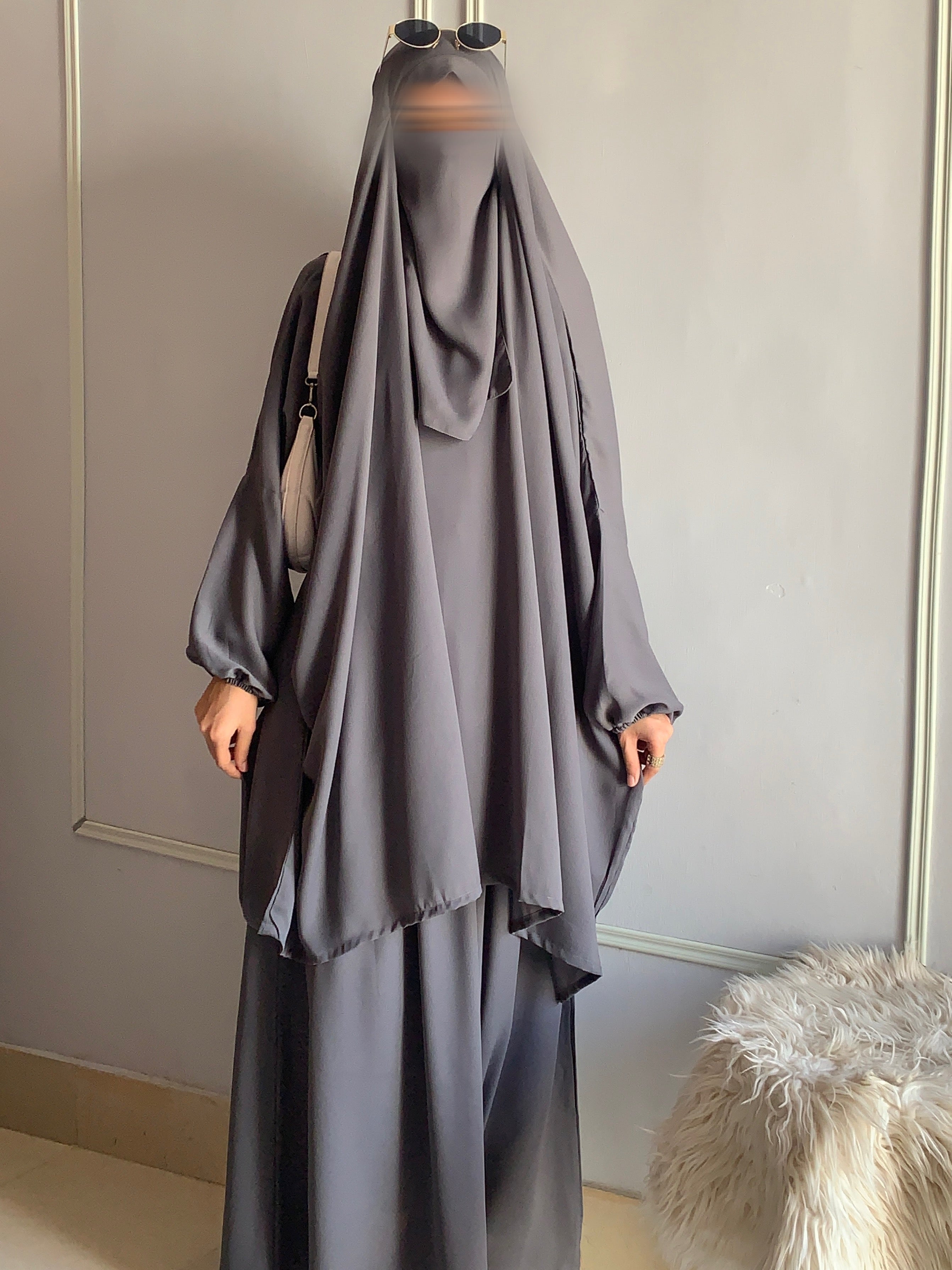 3 Piece Jilbab Set (Jilbab + Skirt + Khimar) - GREY