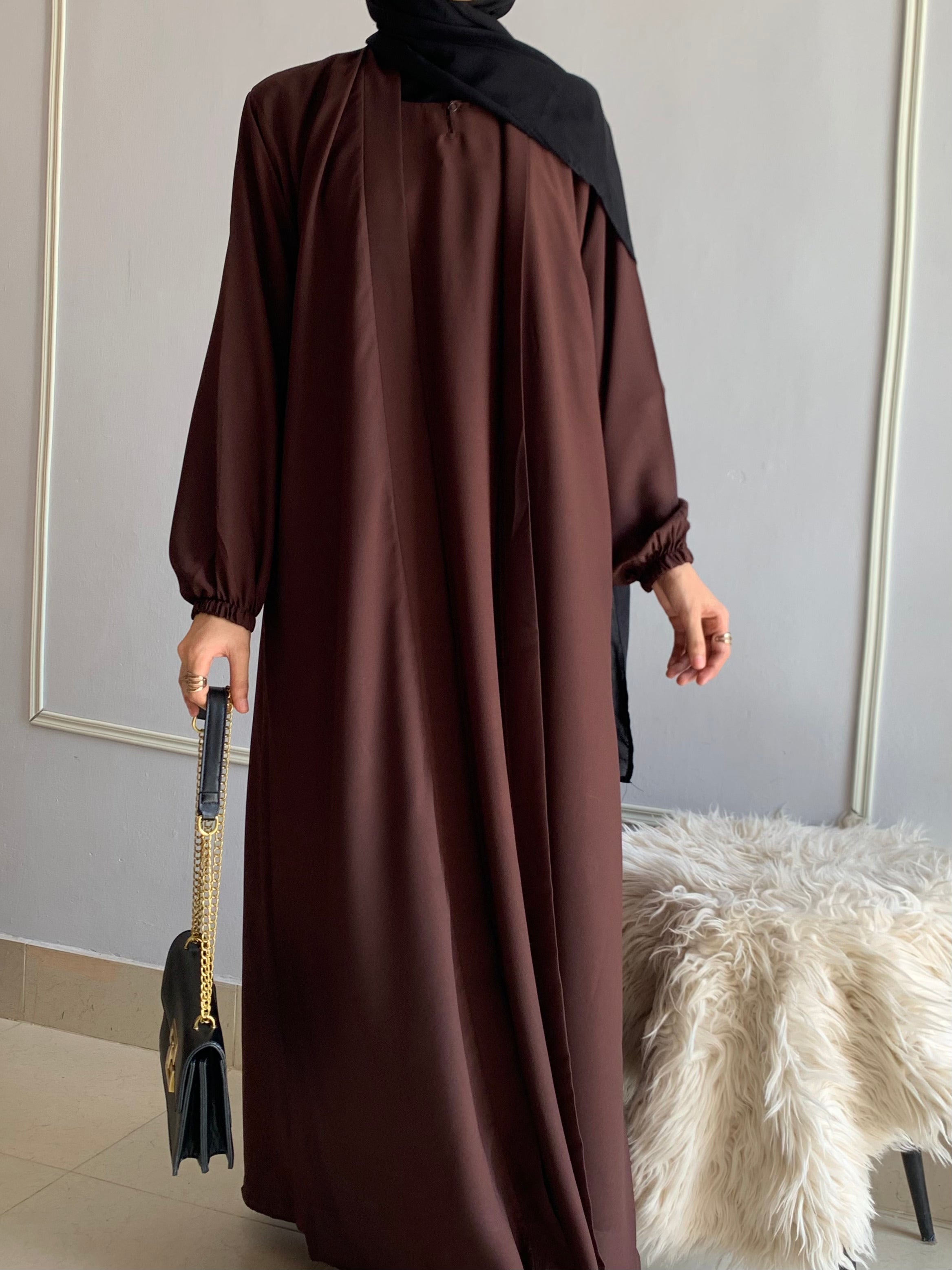 Aira - Kimono Abaya with attached inner - Dark Brown